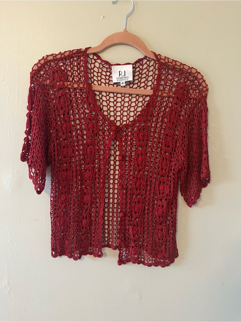 RJ Collection Women's Crochet Short Sleeve cardigan - Burgundy Whimsigoth